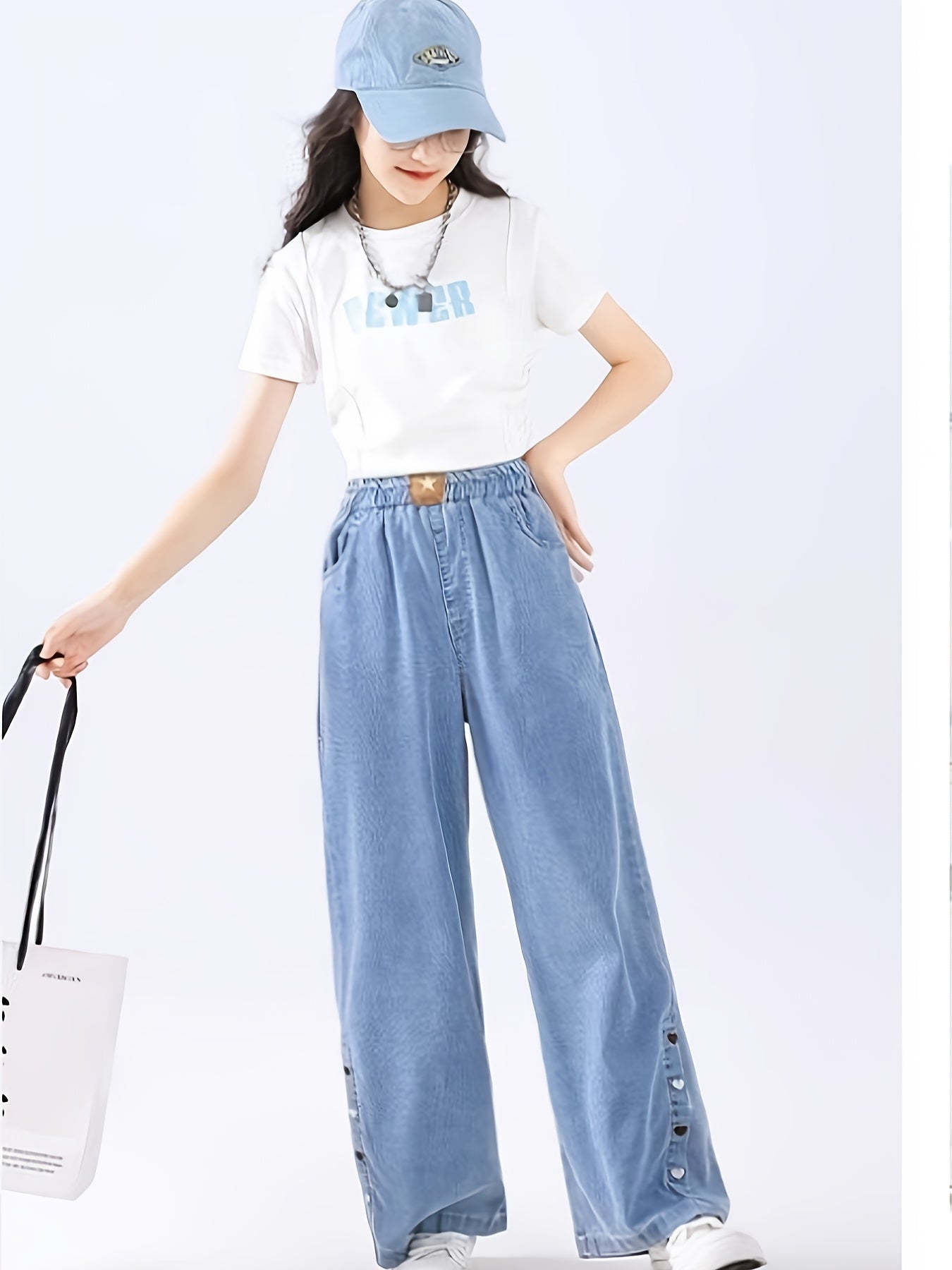 Trendy Straight-Leg Faux Denim for Big Boys And Girls; Latest Style Wide-Leg Trousers; Natural Faux Denim for Casual Wear in Spring And Summer