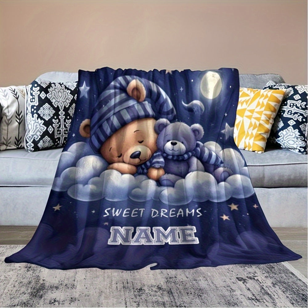 1pc[Personalized Bear Blanket] Soft, Lightweight Personalized Bear Themed Patterned Blanket with Customized Name| Suitable for Sofas, Beds, Outdoor| Perfect Birthday And Holiday