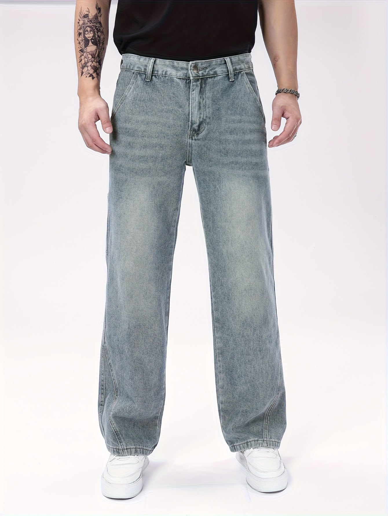 Men's Heavyweight 100% Denim Straight-Leg Jeans - Light Wash Vintage Look, All-Season Comfort, Classic Five-Pocket Design (Kangaroo Pocket & Cuffed Hem) - Casual & Formal Wear, Machine Washable - Navy Blue Bicycle Style Trous