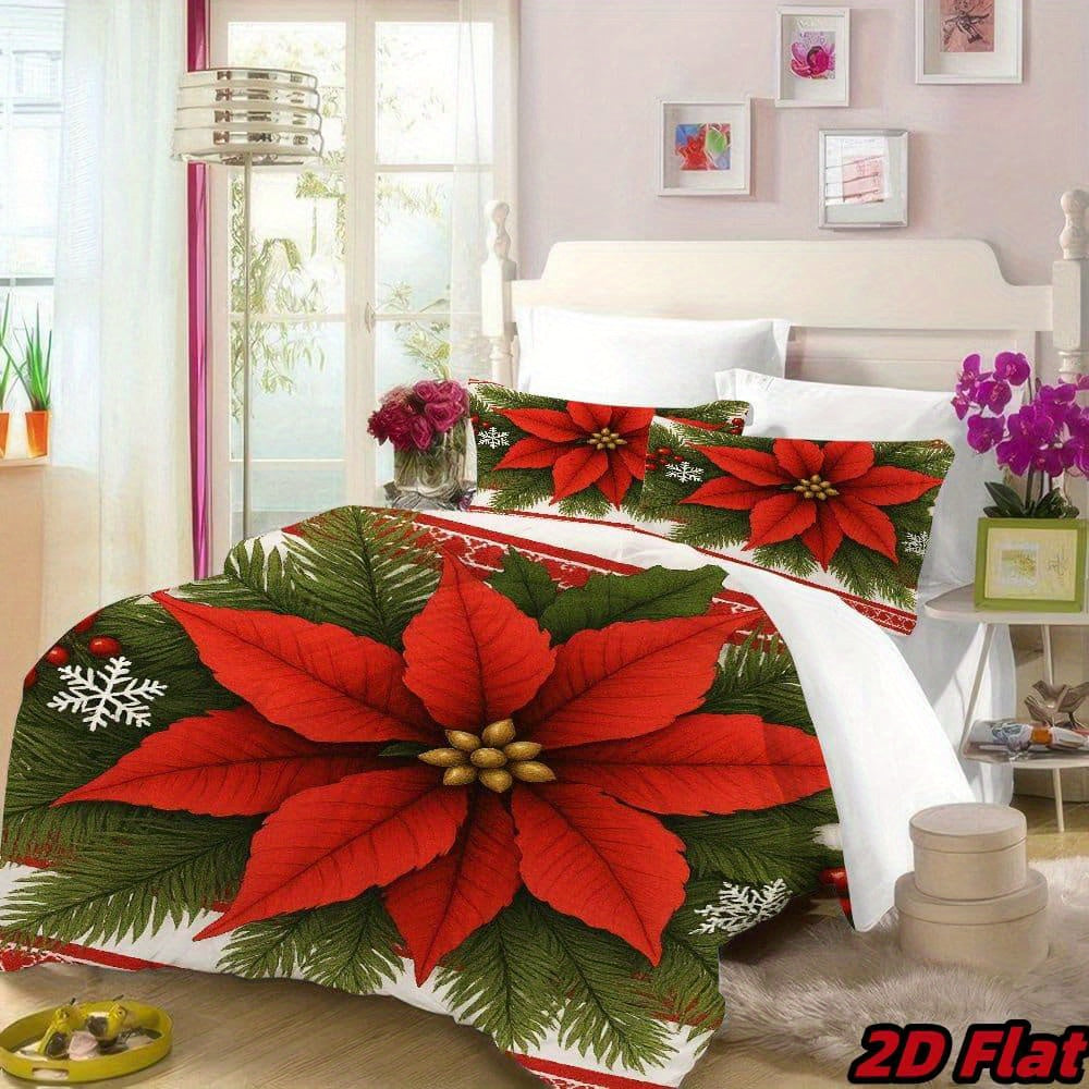 3pcs 2D Flat Christmas Poinsettia Duvet Cover - Red Flower Bedding with Green Pine Branches, Snowflake Pattern, Soft Breathable Polyester, Winter Holiday Bedroom Decor, All-Season 100% fiber fabric 1 Duvet Cover + 2 Pillowcas