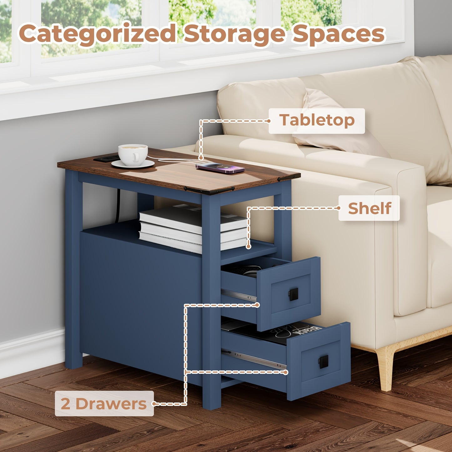 2-Drawer Slim Space-Saving Retro Coffee Table Suitable for Small Spaces - Narrow Sofa Side Table & Bedside Table with Drawers, Assembly, Modern Minimalist Design for Living Room, Bedroom or Office (Available in White/Blue/Che