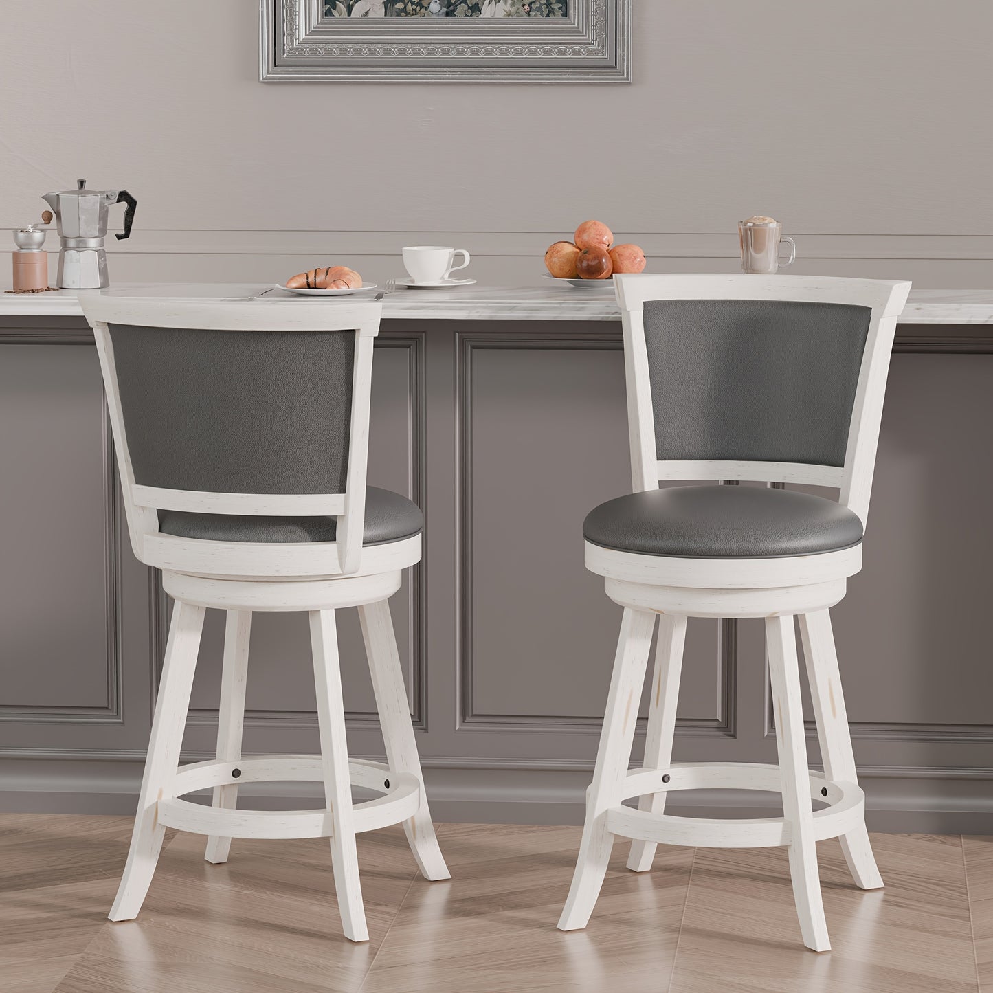 High Back Swivel Bar Stools, Bar Height Swivel Stools with Grey Faux Leather Upholstered Seat & Solid Wood Footrest, Counter Bar Chairs for Pub, Bar, Kitchen Island, Set Of 2