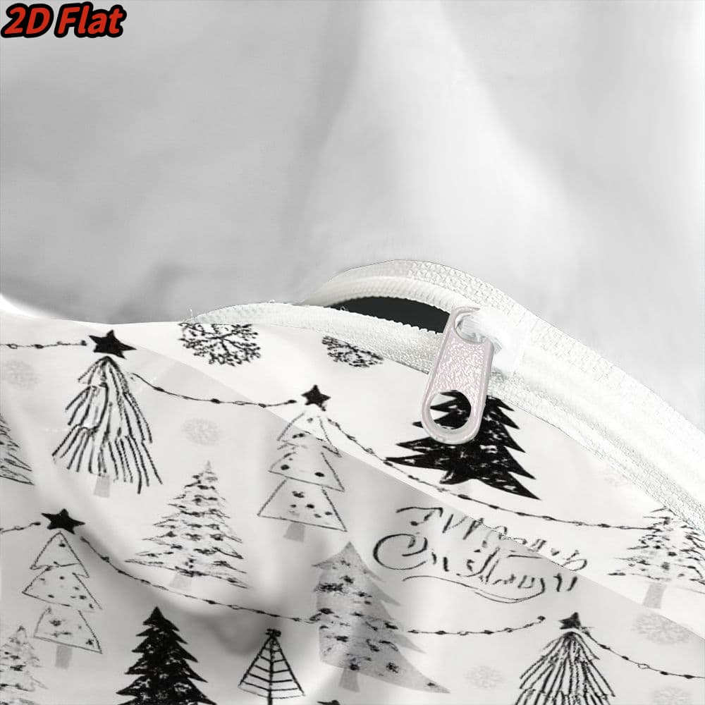 3pcs 2D Flat Christmas Tree Pattern Duvet Cover - Winter Holiday Themed Bedding, Black White Sketch Design, Soft Microfiber Fabric, Zippered Closure, Easy Care Washable Comforter for Bedroom Decor, All-Season 1100% polyester