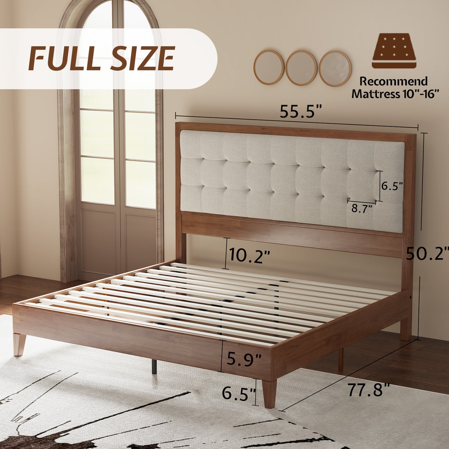 ALBOTT Wooden Bed Frame, High Upholstered Tufted Headboard, Sturdy Wood Platform, No Box Spring Required