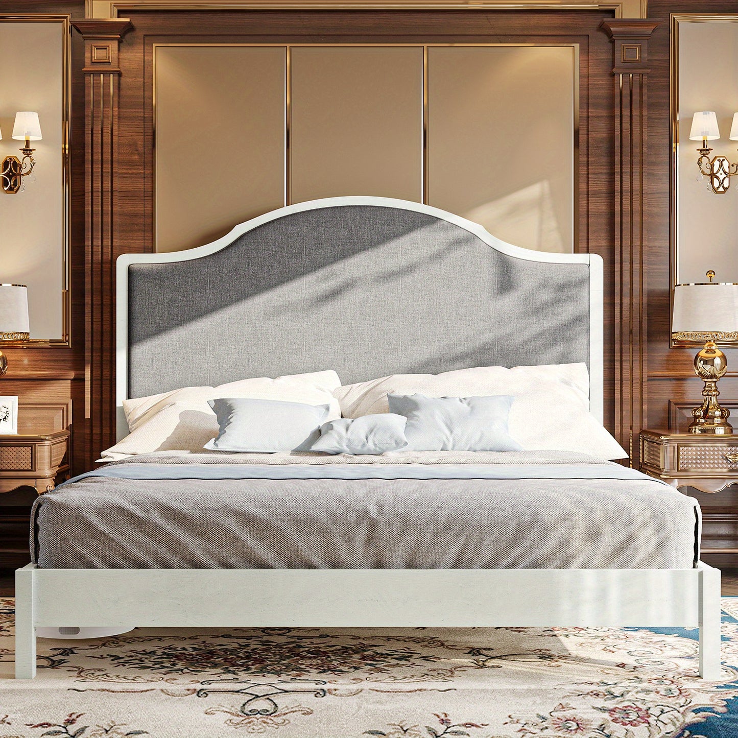 PAPABABE Solid Wood Platform Bed Frame with Upholstered Curved Headboard, Wood Slat Support, No Box Spring Required