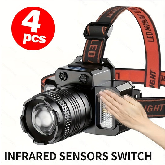 4pcs Model Of Retractable Zoom Headlamp, Equipped with A COB Side Light And 8 Lighting Modes, IPX4 Waterproof, Suitable for Home Decoration, Work, Maintenance, Camping, Running, And Hiking, Camping Flashlight, Hiking Light, Z