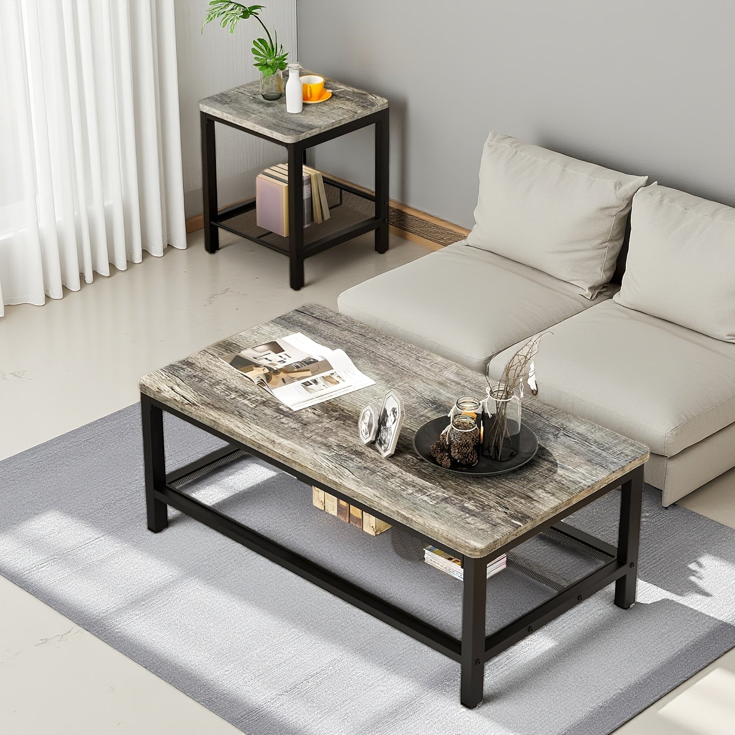 Industrial Coffee Table, Coffee Table Set Of 3 with 2 Square End Side Tables, Faux Marble Coffee Table with Metal Frame for Apartment Home Office, White Black