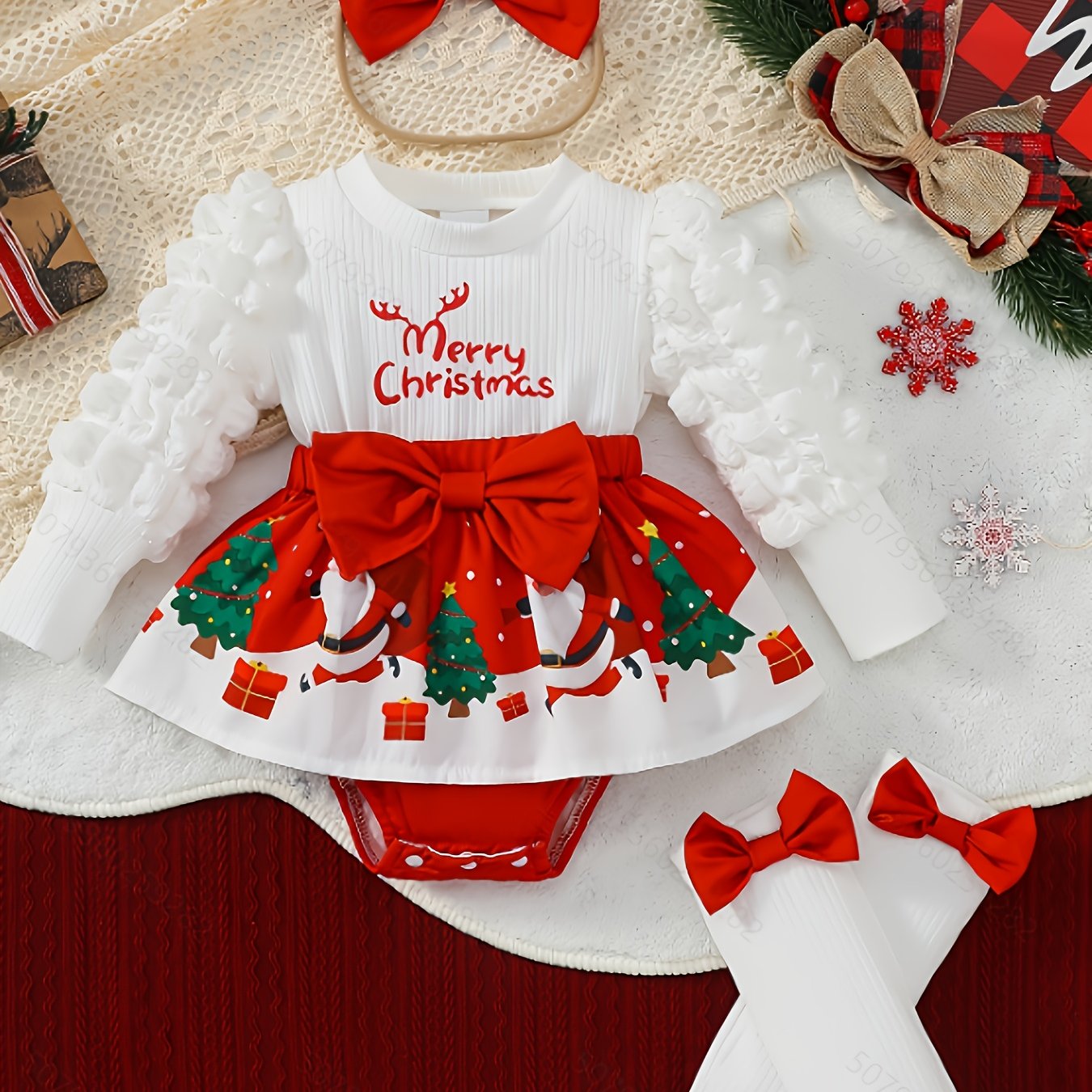 3pcs Set for Baby Girls Featuring a Christmas-Themed Long-Sleeve Romper Dress with a Round Neck, Lantern Sleeves, And Santa Claus Print, Along with a Headscarf And Socks, for Outdoor