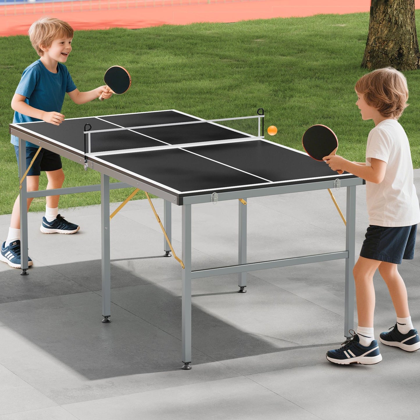 Portable 6x3ft Ping Pong Table Set in Black - All-Weather Design for Indoor and Outdoor Use, Includes Net, 2 Paddles, 3 Balls, Easy Storage