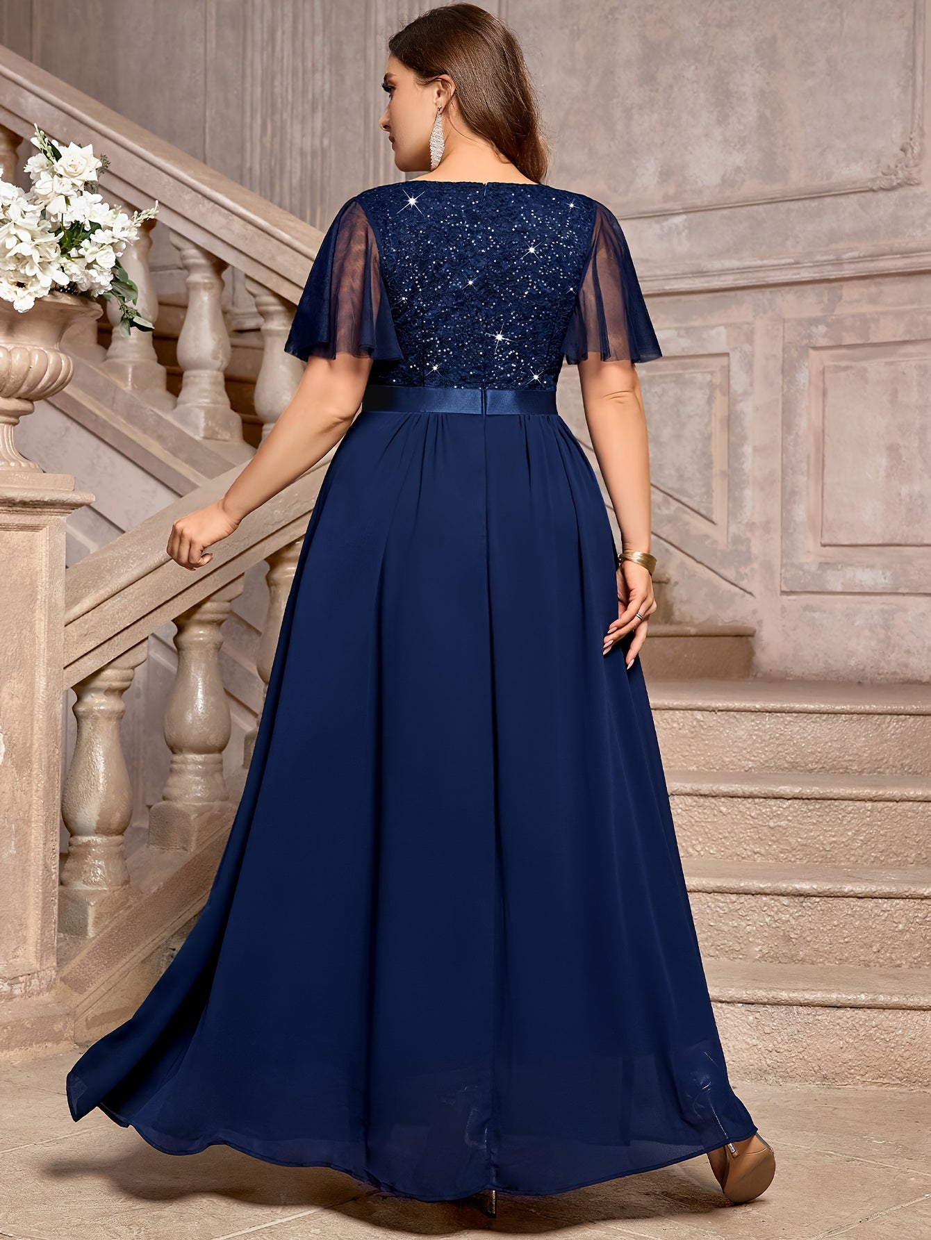 Plus Size - P54385A Elegant Plus Size Sequin Lace Bridesmaid Dress, Sweetheart Neckline With Mesh Ruffle Sleeves, Pleated Chiffon Skirt For Formal Parties, Evenings, Weddings