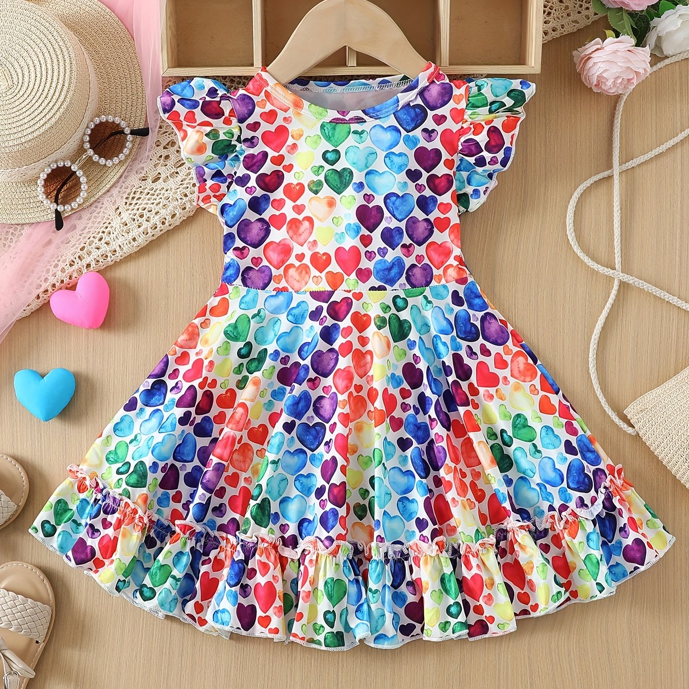 1pc Elegant Polyester Dress for Girls, Ruffled Hem Princess A-Line with Flutter Sleeves, Colorful Heart Pattern, Spring/Summer Knitwear