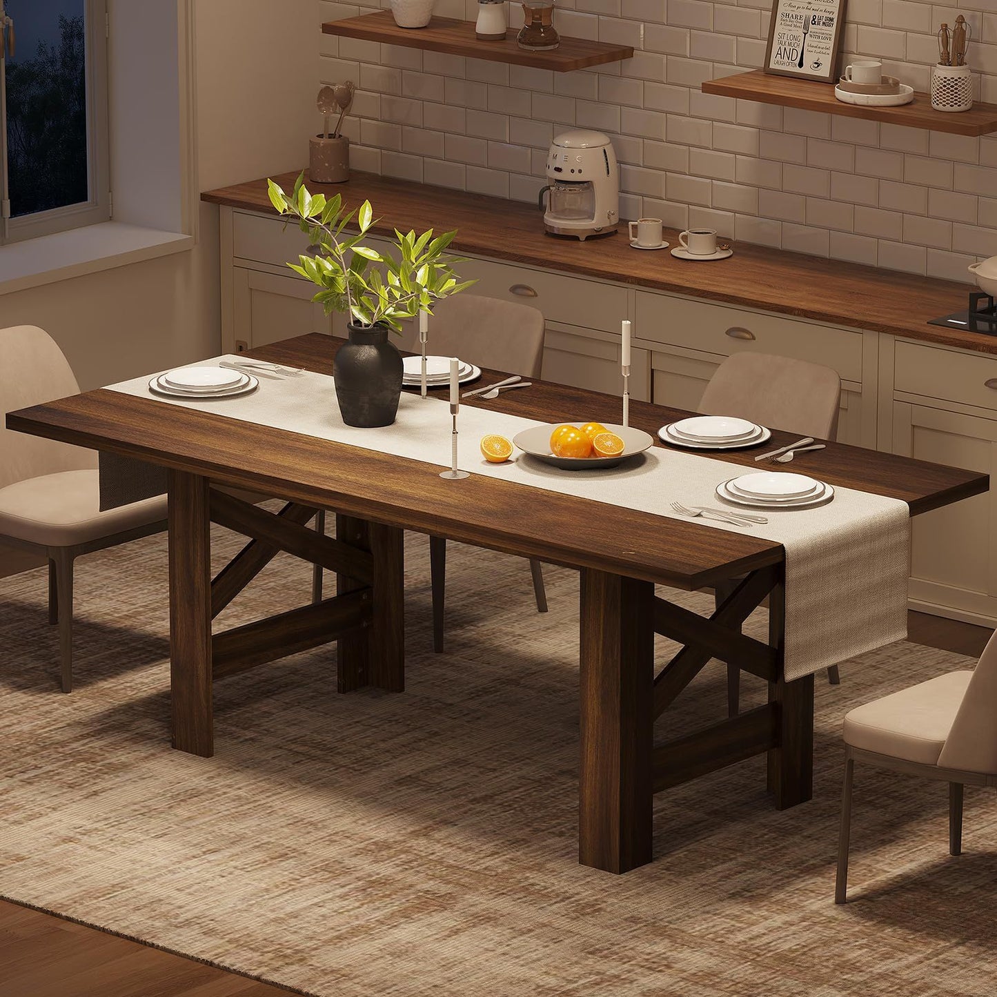 Wood Farmhouse Dining Table for 6-8 | Heavy Duty Large Kitchen Table, 70.87" Long Rectangular Dining Room Tables with Strong Legs, Thickness Tabletop, for Big Family, Dinette | Mediterranean Style, Mixed Color, Multifunctiona