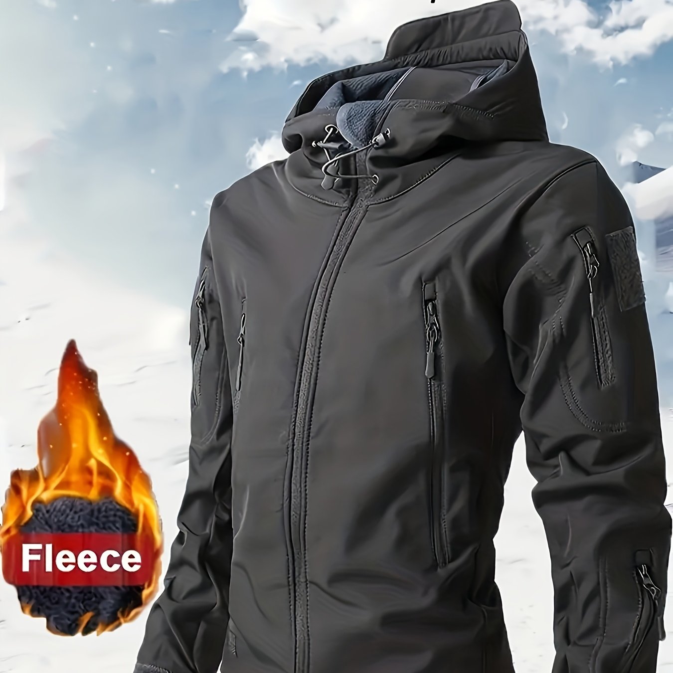 Men's Heavy-Duty Windproof Insulated Tactical Winter Jacket with Full-Zip Hooded Softshell Coat, Multiple Pockets & Zippered Pocket Flap - Machine-Washable Outdoor Survival Gear for Hiking, Skiing, Hunting, Camping (Black) -