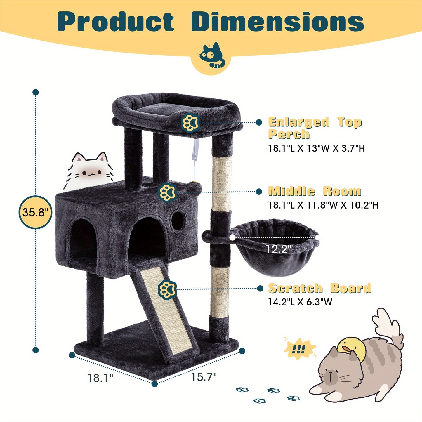 WEEWAY Multi-Level Cat Tree Tower for Indoor Cats - Modern Space-Saving design with Scratching Posts, Plush Perches, Hanging Platforms, Entryways - Sturdy Construction for Climbing, Scratching, Resting - Ideal Gift for Kittie