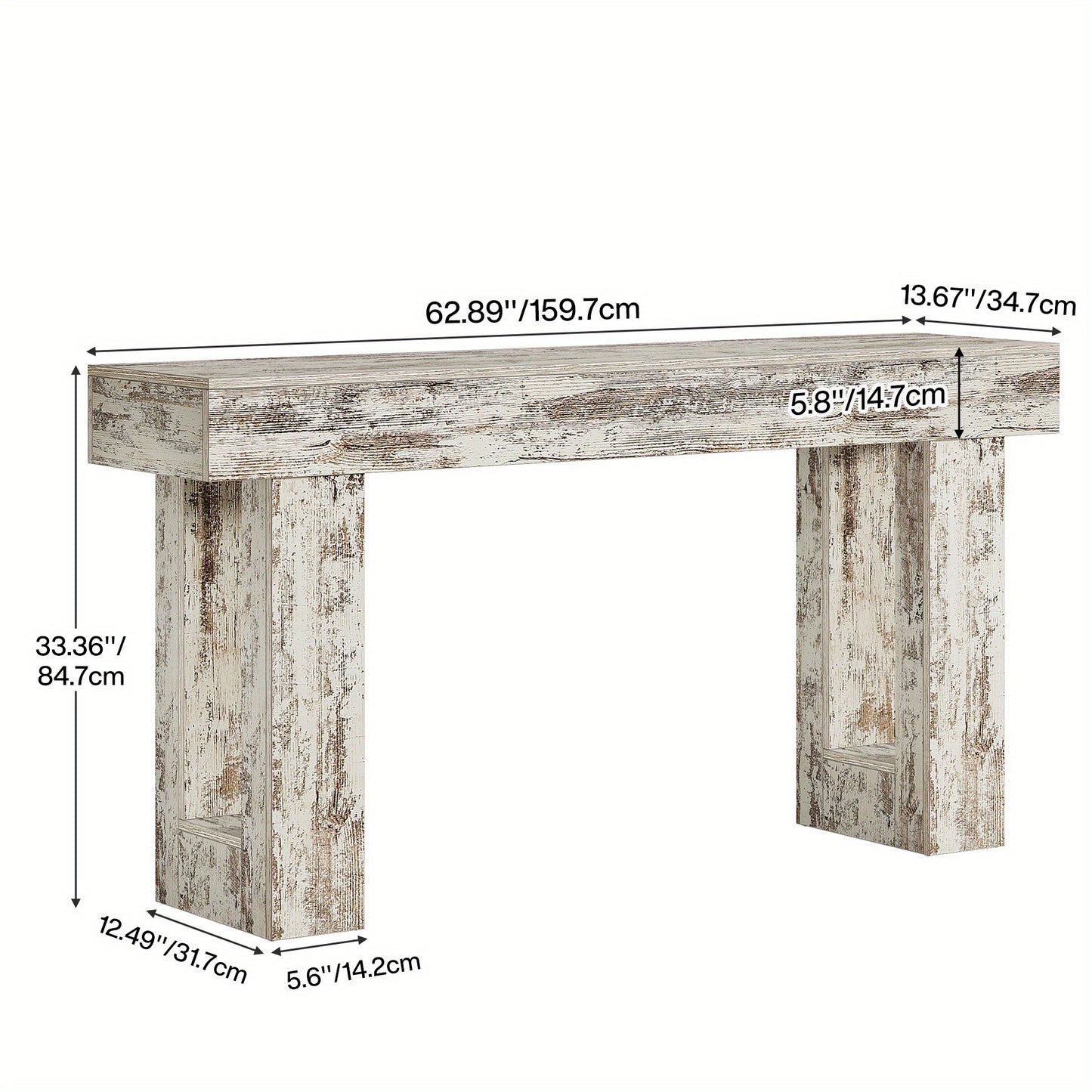 63" Farmhouse Console Table, Natural Wooden Sofa Table Rectangular Accent Console for Entryway, Hallway & Living Room (Distressed White)