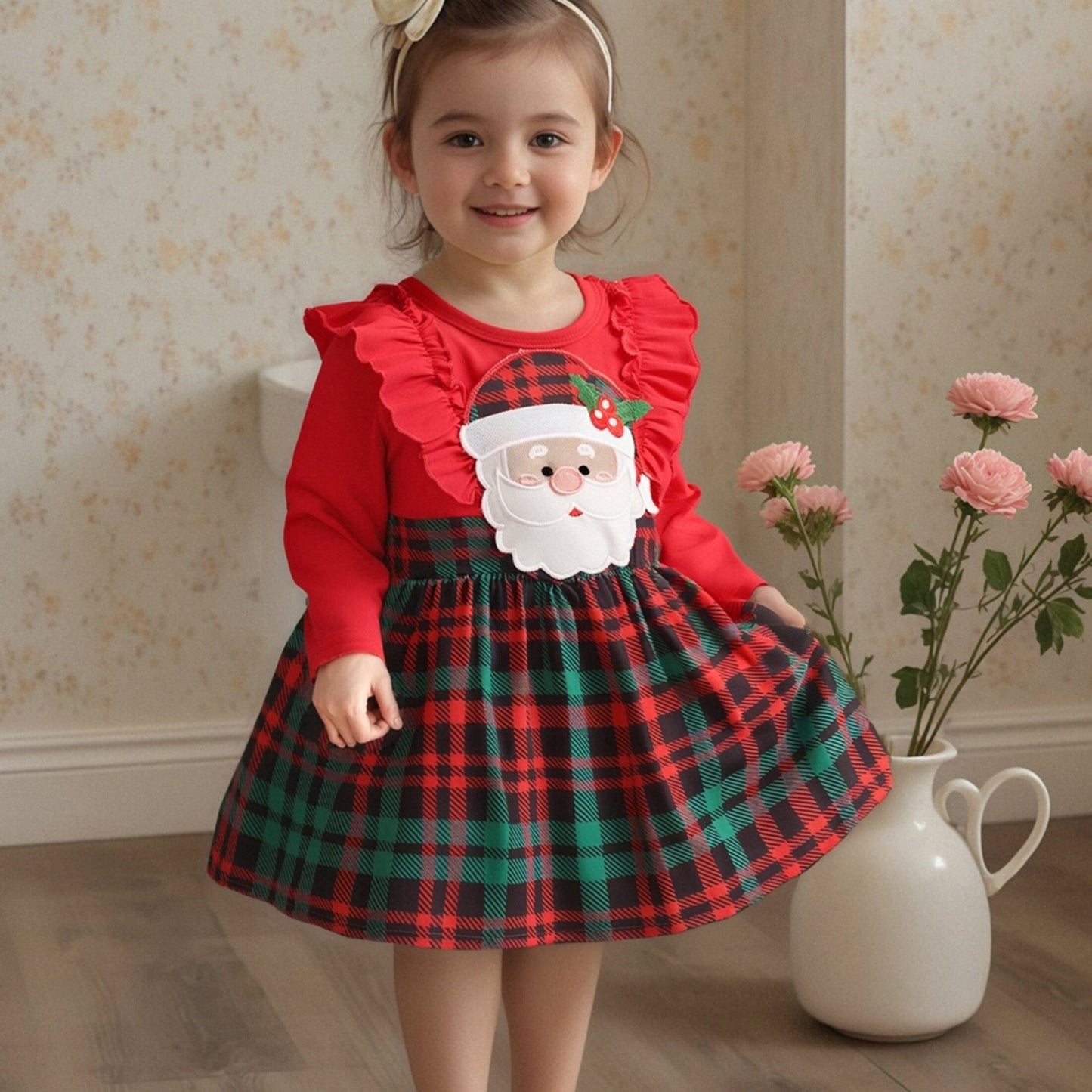 Baby Girl Christmas Dress with Santa Hat & Plaid Skirt - Long Sleeve A-Line Winter Outfit, Ruffle Trim, Knee-Length, Red & Green Checkered Design, Perfect for Fall & Winter, Baby Girl Christmas Clothes, Holiday Infant Wear, P