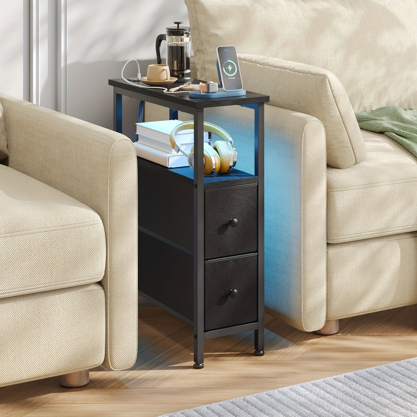 WHONLINE 1pc/2pcs Narrow Night Stand With Charging Station, End Table, Narrow Side Table With 1/2 Fabric Drawers, Skinny Nightstand With Storage, For Living Room, Small Spaces, School And Dormitory Storage, Brown And Black, F
