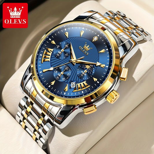 OLEVS Watch for Men Chronograph Stainless Steel Case Analog Quartz Fashion Business Dress Large Face Men Watch Day Date Luminous Casual Male Wrist Watch, Office Accessory, Casual Attire, Classic Design, Elegant Timepiece, Hig