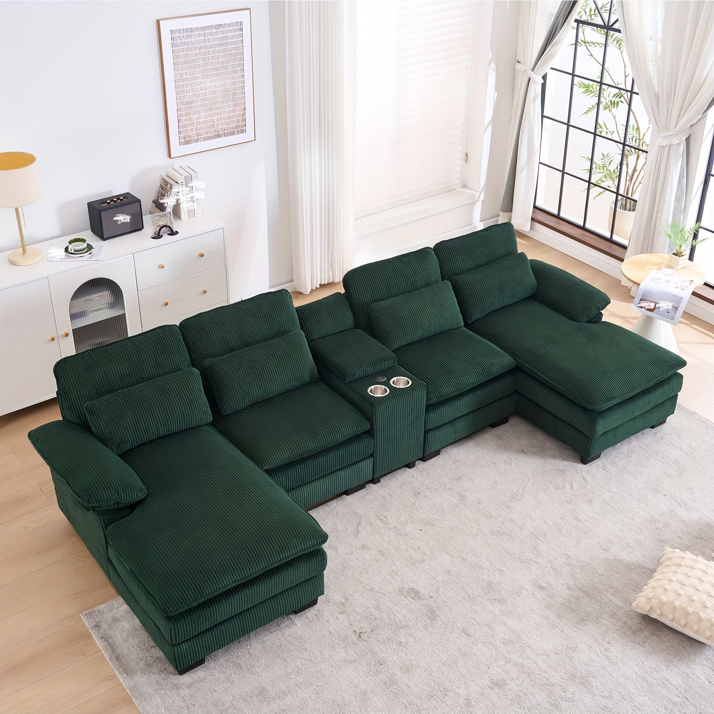 Living Room Comfort Combo Sofa, U-Shaped Cloud Sofa Combination Sofa, Modern Corduroy Modular Sofa with Recliner, Console Cup Holder