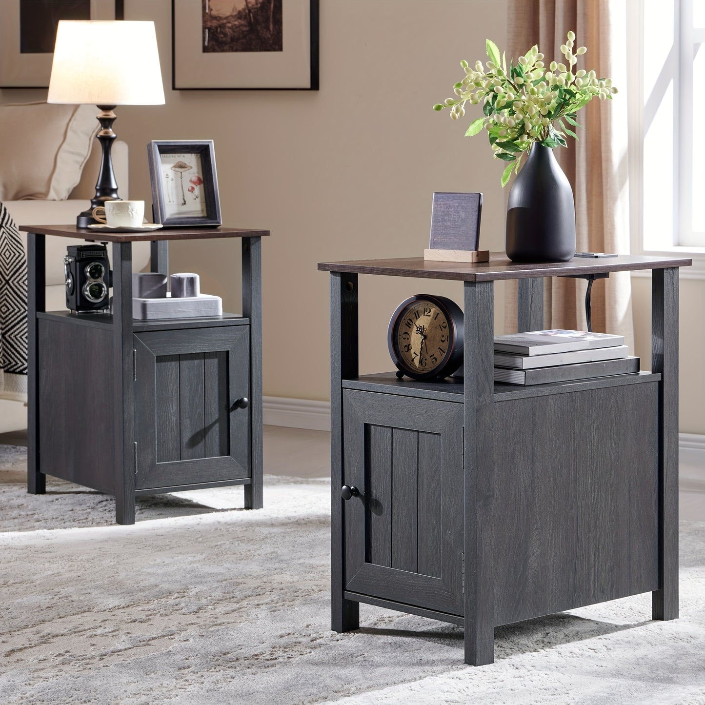 Farmhouse Nightstand Set Of 2 with Charging Station, End Table with Drawers And Storage Shelves for Living Room Bedroom