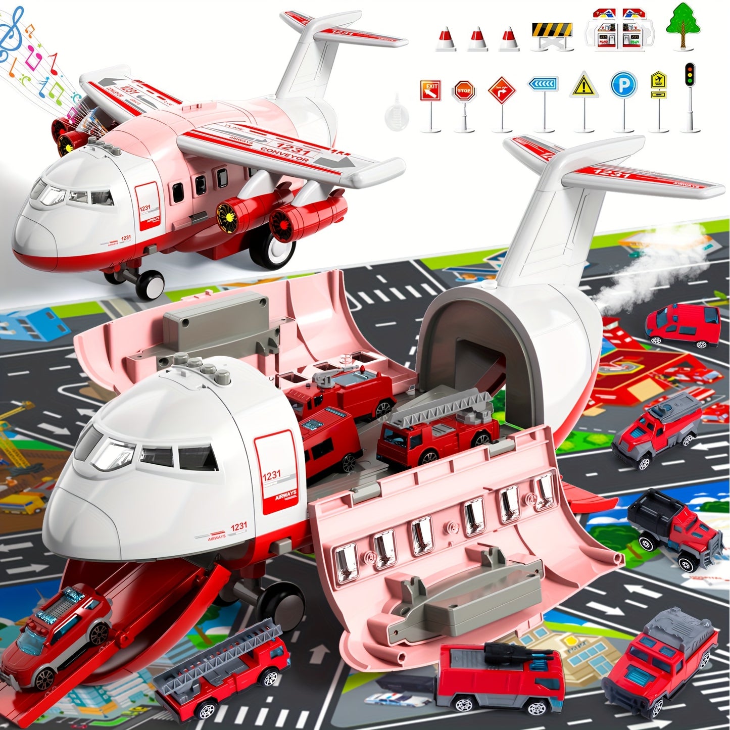 Educational Airplane with Steam Lights and 4 Cars in Yellow - Colorful Box Set