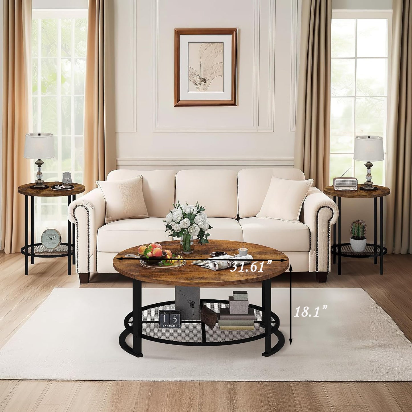 3-Piece Coffee Table Set – Rustic Brown Center Table & 2 End Tables, Modern Living Room Furniture for Small Space or Apartment