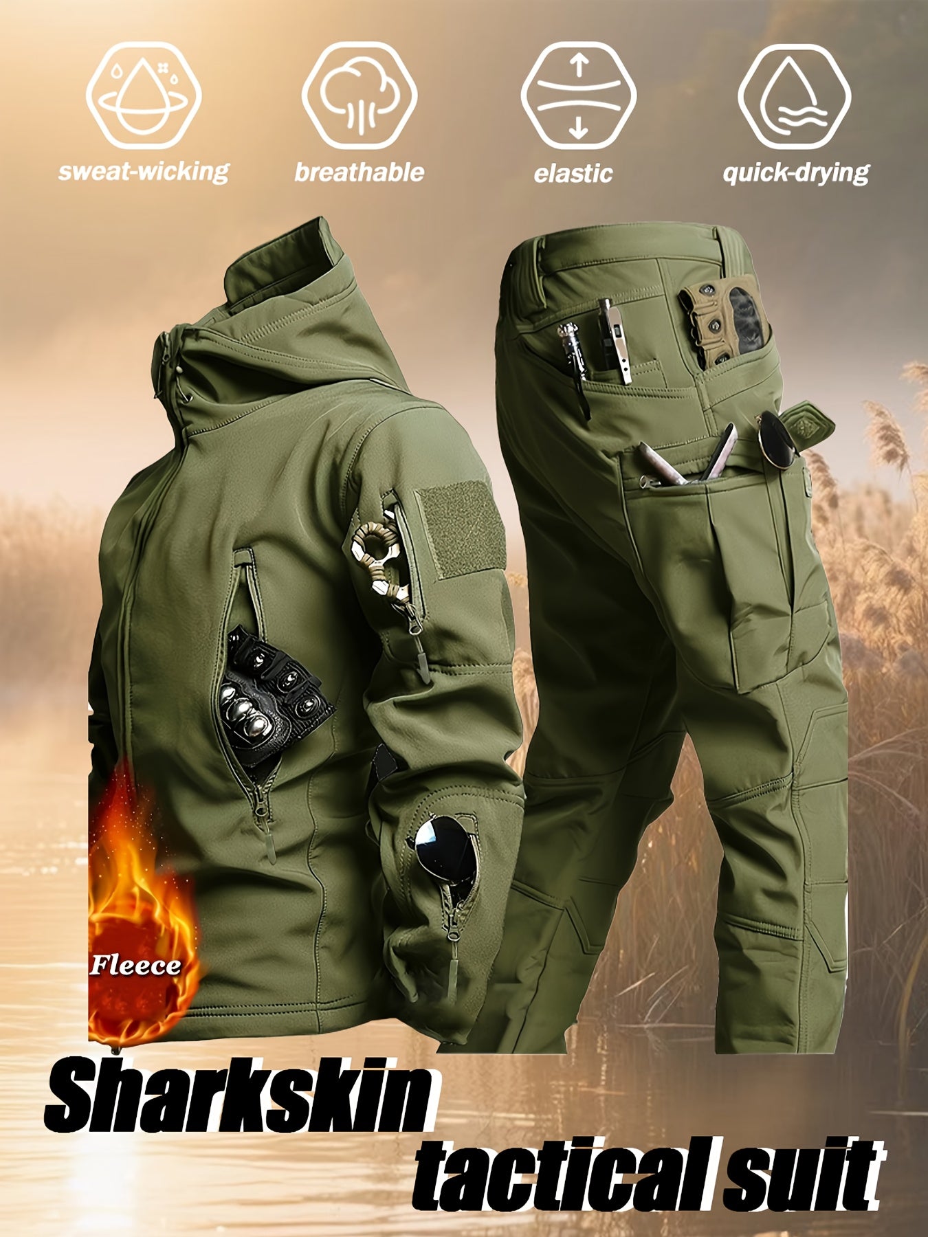 Men'S Autumn and Winter New Thickened Two-Piece Windproof Jacket Hoodie with Multiple Pockets, Elastic, Warm, Suitable for Hiking, Skiing, Fishing, Outdoor Sports Gear | Tactical Style | Breathable Fabrics, Winter Sports Gear