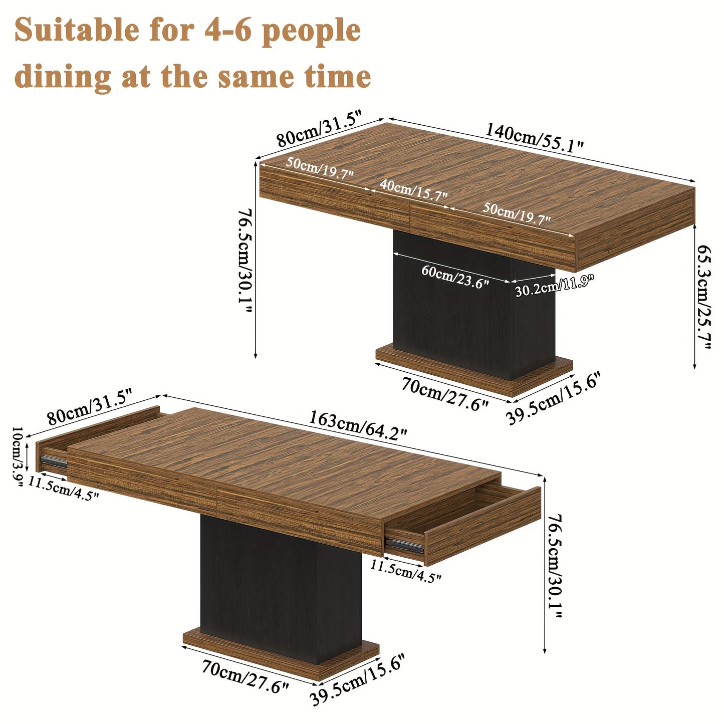 Dining Table for 6 People, Large Rectangular Wood Kitchen Table with 2 Drawers, Farmhouse Long Dining Table for Dining Room, Living Room, Kitchen, Black/ White, Tables for Dining Room, Kitchen Table with Storage, Round Kitche