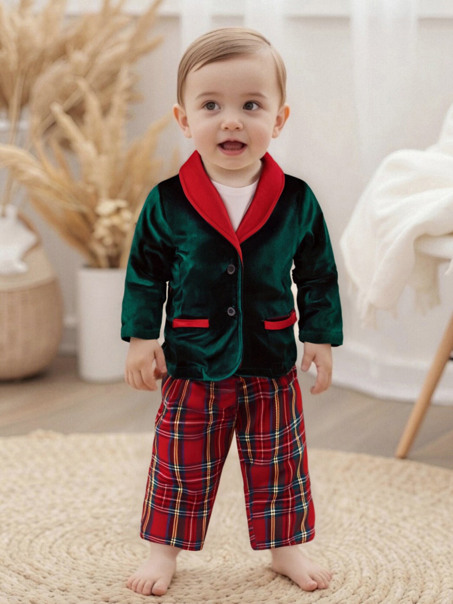 Toddler Infant Baby Boy Christmas Outfit Button up Long Sleeve Jacket and Elastic Plaid Pants 2pcs, Simple Fashion Fall Clothes for 1-4 Years, Perfect for Christmas Parties, Family Photos, Holiday Gatherings Cool Days, Perfec