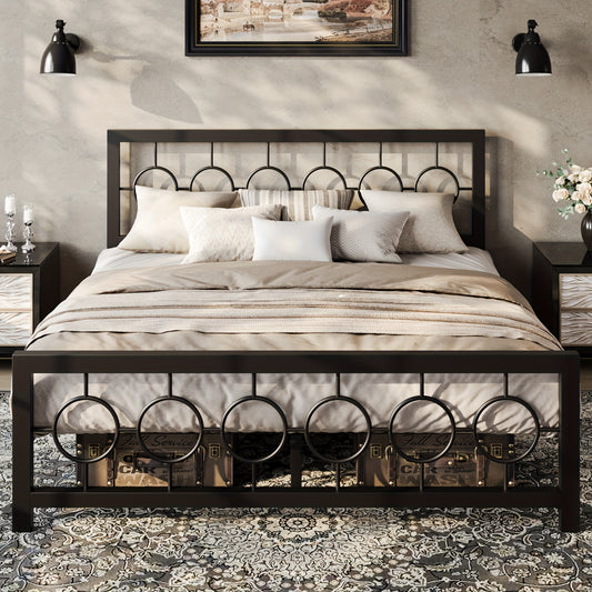 HOOMIC Twin/Full/Queen/King Size Metal Platform Bed Frame With Vintage Circular Design Headboard And Footboard, Extra Under-Bed Storage, No Box Spring Needed, Black/Brown