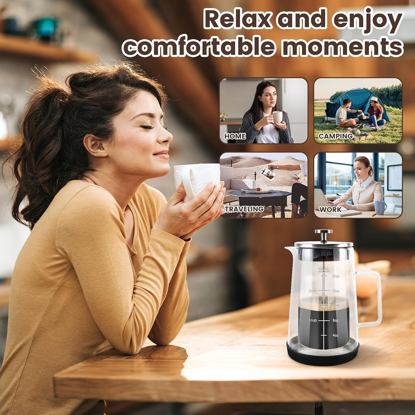 Glass Press, Easy to Clean Glass Press Coffee Maker, 22Oz/ 650Ml Coffee Press Glass, Borosilicate Press, Suitable For, Kitchen, Office., Home Brewing, Kitchen Appliance, Modern Coffee Maker, Stylish Press, Highquality Materia