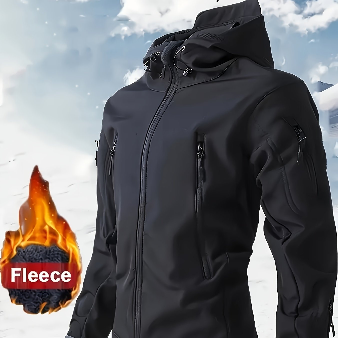 Men's Heavy-Duty Windproof Insulated Tactical Winter Jacket with Full-Zip Hooded Softshell Coat, Multiple Pockets & Zippered Pocket Flap - Machine-Washable Outdoor Survival Gear for Hiking, Skiing, Hunting, Camping (Black) -