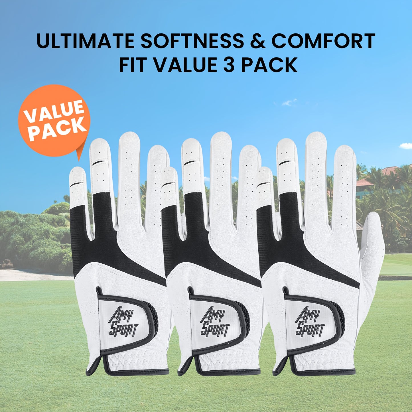 Golf Gloves Men Right Hand Left Hand Value 3 Pack, Premium PU With All Weather Grip For Serious Performance, Breathable & Comfortable Gift For Men