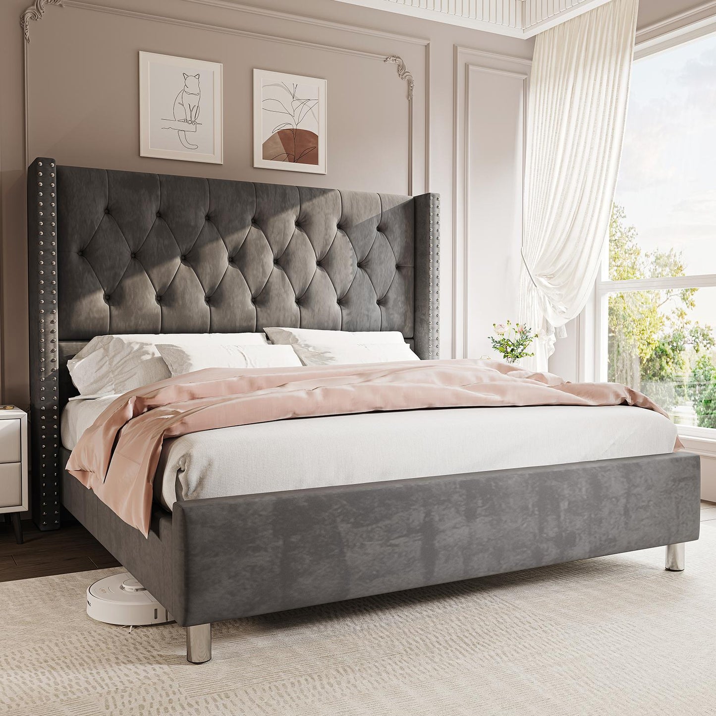ALBOTT Modern Luxury Queen/King Size Upholstered Platform Bed Frame with 50" Tall Wingback Headboard - Dark Brown/Black Velvet, Button Tufted & Nailhead Trim, Sturdy, No Box Spring, Easy Assembly (Queen/King
