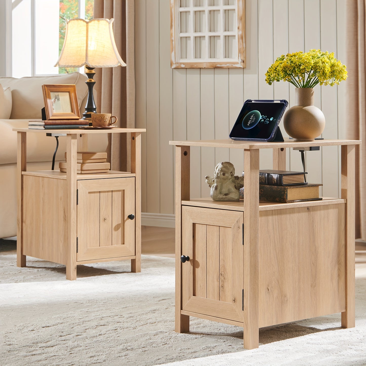 Farmhouse Nightstand Set Of 2 with Charging Station, End Table with Drawers And Storage Shelves for Living Room Bedroom