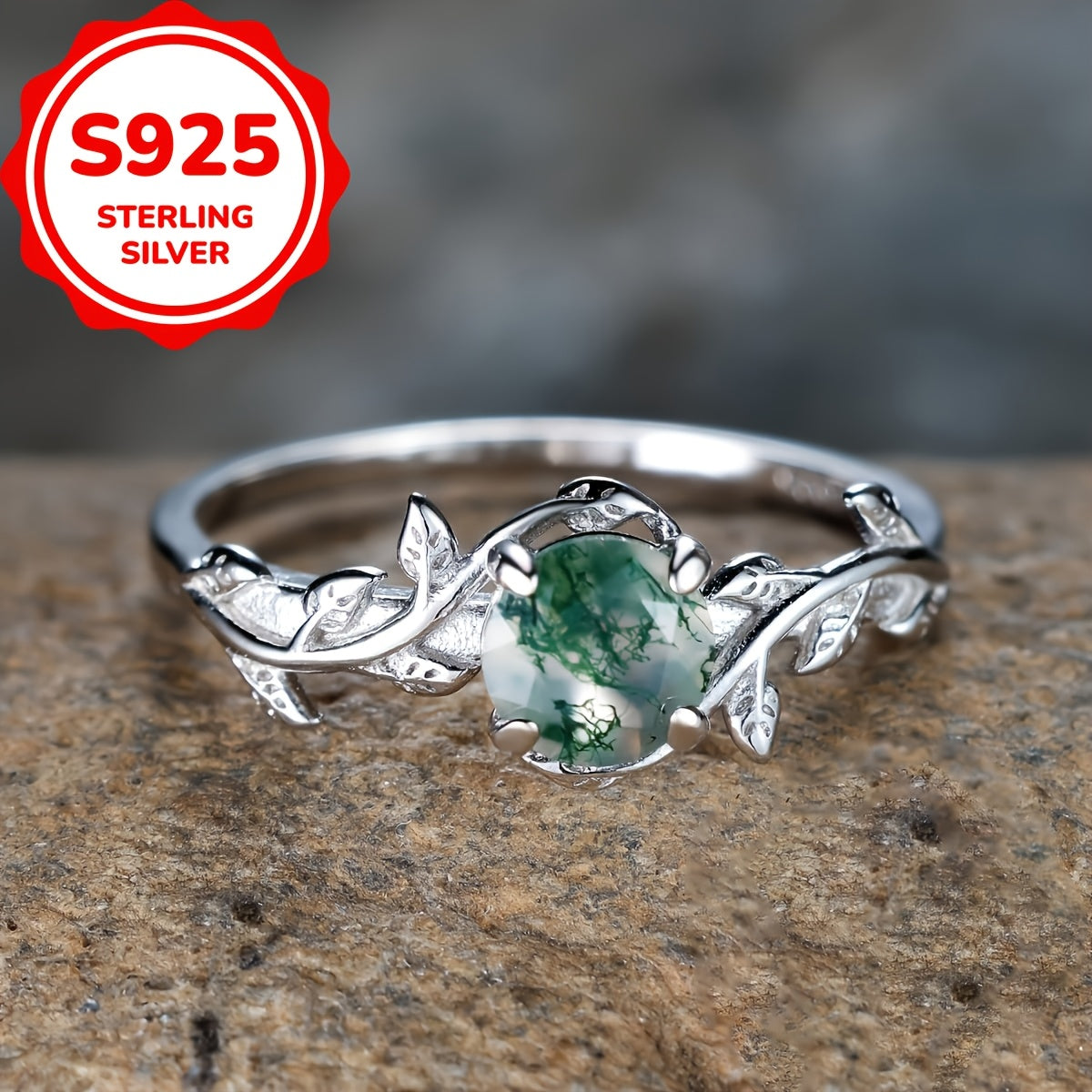 925 Sterling Silver Natural Green Moss Agate Ring Unique Engagement Promise Rings for Women Wedding Jewelry Gift (2. 8g)