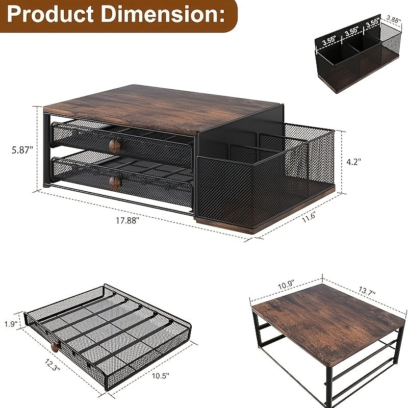 Coffee racks，Black Wood and Iron K-Cup Holder with Double Storage Drawers, Coffee Station Organizer for Capsule Boxes