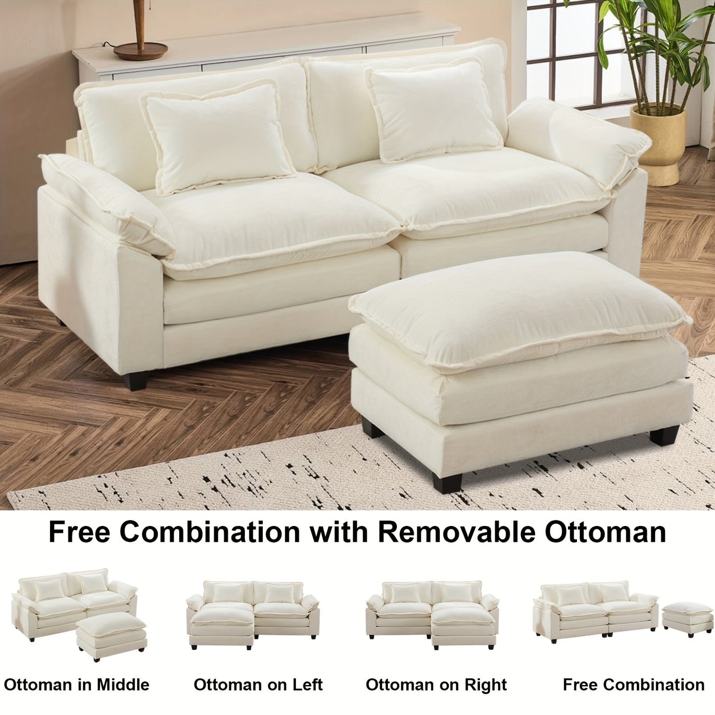 86'' Sectional Sofa, Modular Loveseat Sofa with Ottoman, Chenille Cloud Couch, Upholstered Deep Seat Sofa for Living Room, Apartment