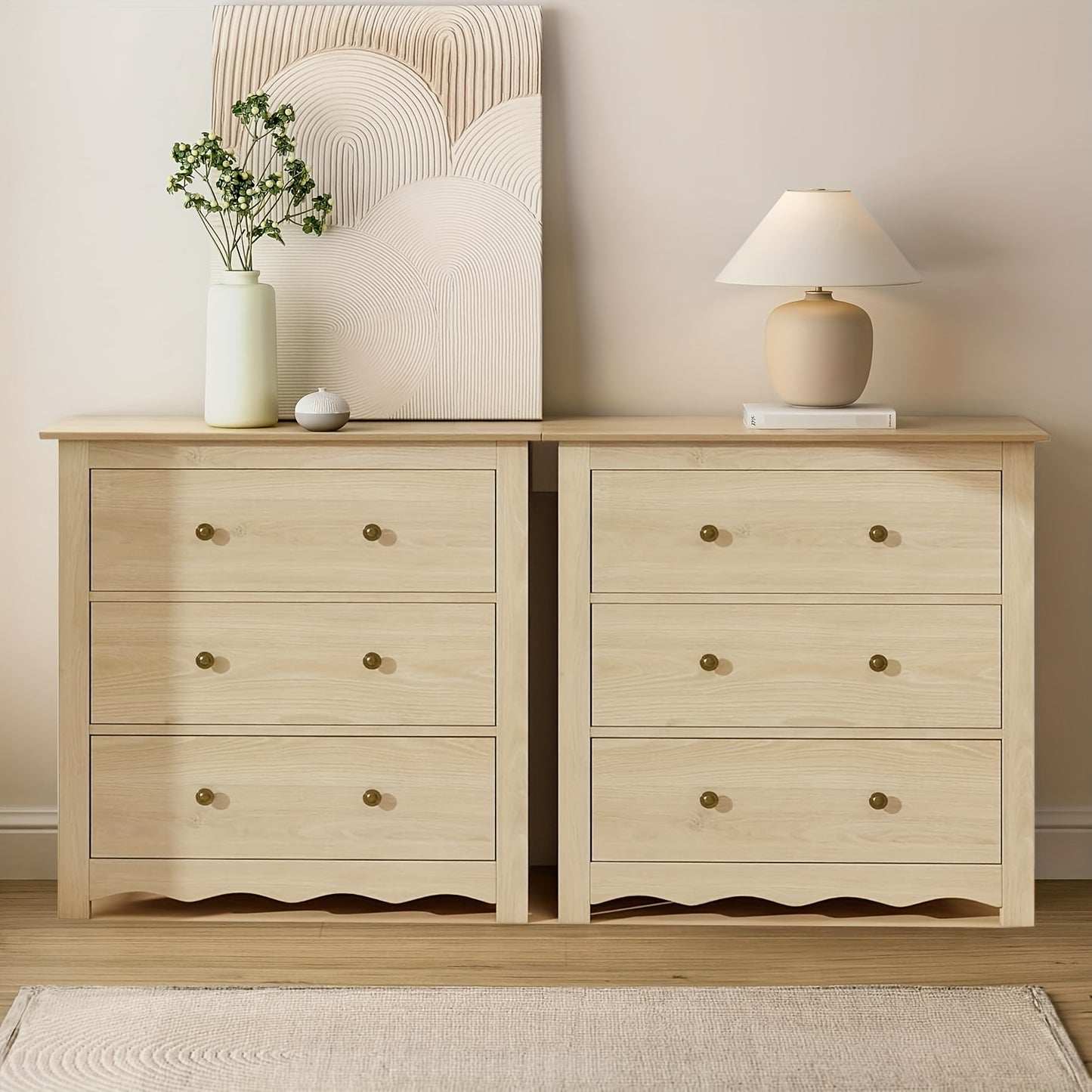 34" Tall Cabinet With 3 Drawers Set Of 2, Mid Century Modern Wooden Dressers Chest Of Drawers With Handles, Waveform Nightstand Dresser, Storage Organizer For Bedroom, Hallway, Living Room, Wood