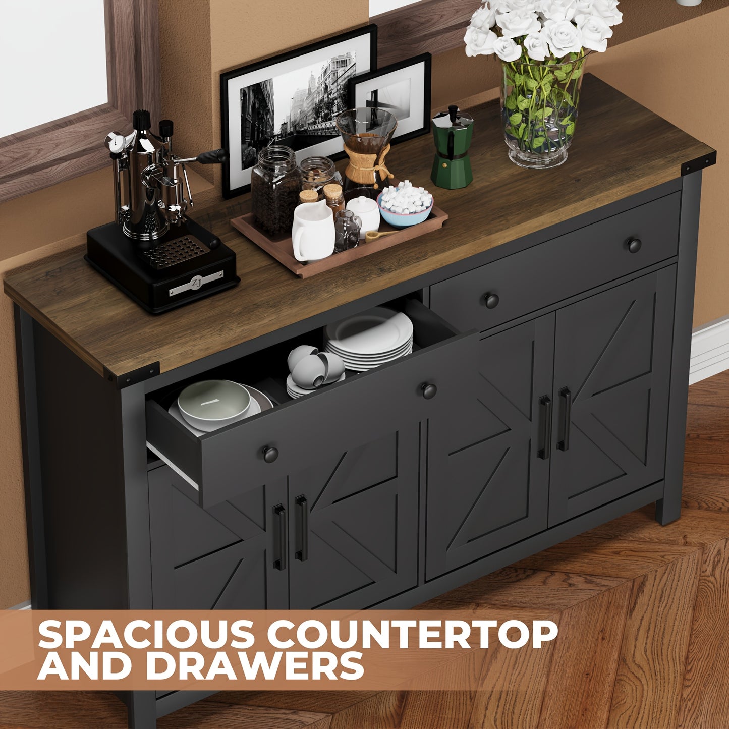 55-Inch Sideboard Buffet Cabinet Featuring Storage, a Coffee Bar with Two Drawers And Four Barn Doors, a Long Storage Cabinet in a Modern Farmhouse Style, Made of White Wood, Suitable for The Kitchen, Dining Room, Or Living R