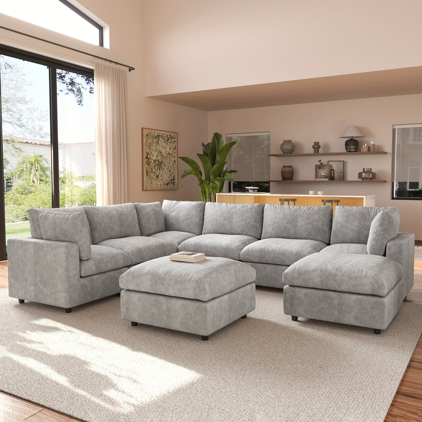 Modular Sectional Sofa Cloud Couch, Oversized 5 Seater Sofa with Ottoman, Extra Large V Shaped Deep Seat Sectional Couches for Living Room, Sofa Covers Washable&Removable