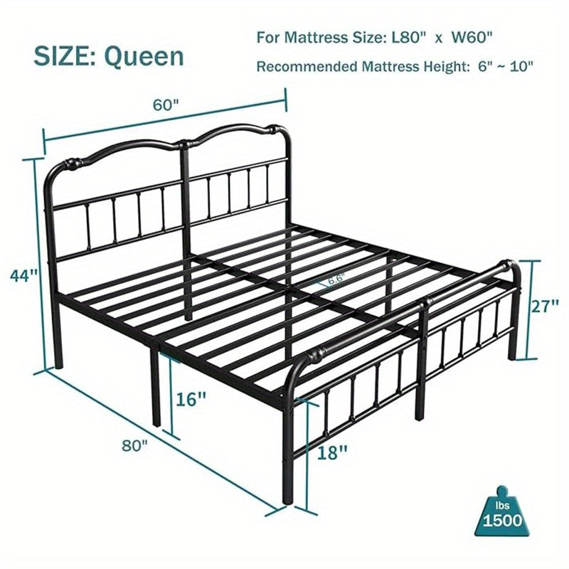 Queen Size Bed Frame with Headboard and Footboard | 18 Inches High, 3500 Pounds Heavy Duty Metal Slats, No Box Spring Needed, Noise-Free, Black, Contemporary Style, Metal Material, Assembled
