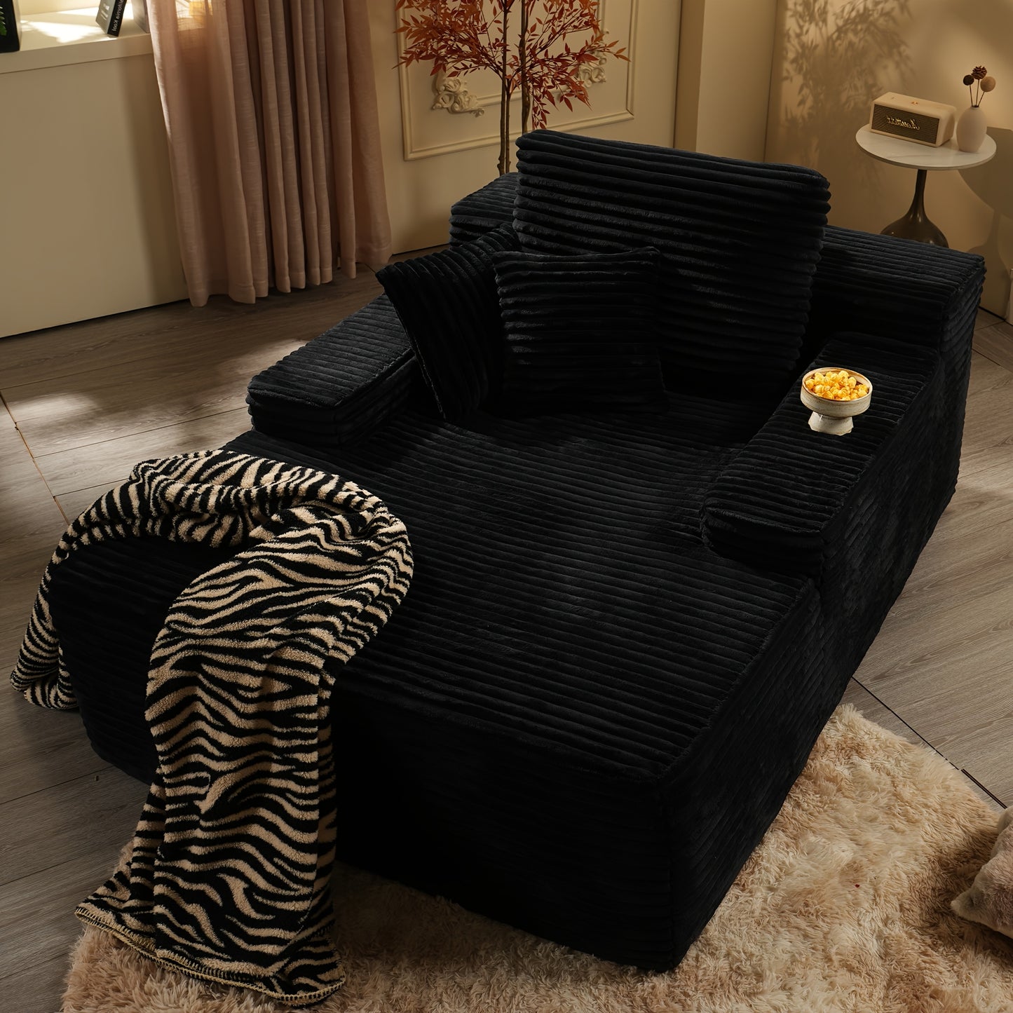 67" Oversized Boneless Lounge Chaise - Corduroy/Plush Fabric/Teddy Fleece Floor Couch with Pillows And Armrests | Deep Seat Single Sofa Bed with High Density Sponge Cushion | U Sleeper Couch for Living Room, Apartment, Bedroo
