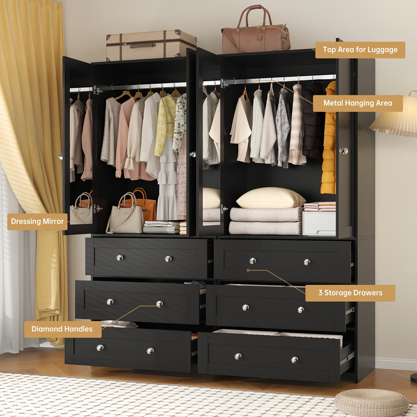 71" Wardrobe Armoire Closet with Mirror, 3/6 Large Drawers & 2/4 Doors, Gifts for Christmas