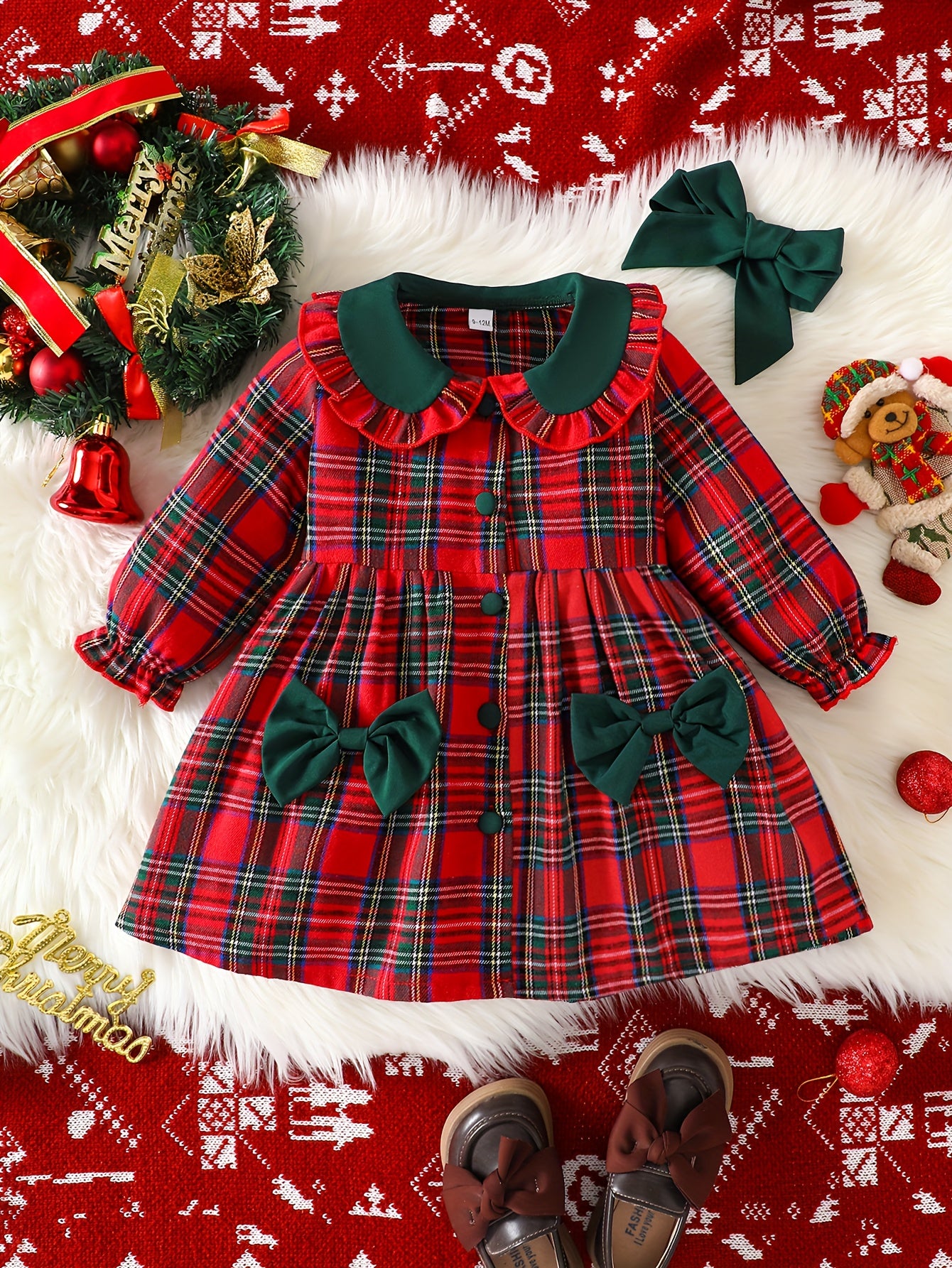 Red Plaid Christmas Party Dress with Detachable Headbow & Belted Waist - Long Sleeve A-Line Mid-Length Holiday Gown, Machine Washable Cute Outfit for Xmas Pageants, Family Photos & Winter Celebrations - Festive Gift for Young