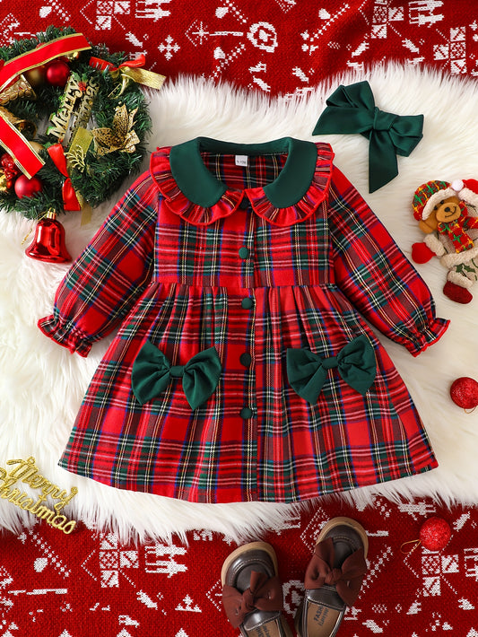 Red Plaid Christmas Party Dress with Detachable Headbow & Belted Waist - Long Sleeve A-Line Mid-Length Holiday Gown, Machine Washable Cute Outfit for Xmas Pageants, Family Photos & Winter Celebrations - Festive Gift for Young