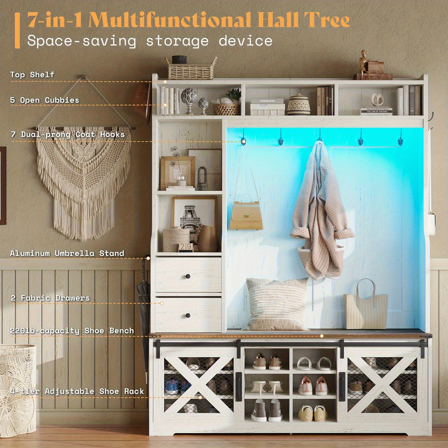 7-in-1 Farmhouse Hall Tree with Bench and Shoe Cabinet, LED Entryway Organizer with Drawers, 12 Shoe Cubbies& Barn Doors, 7 Coat Racks with Shoe Storage