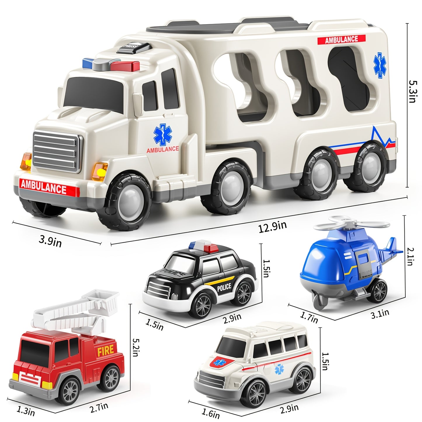 Babyhome Ambulance Truck 5 in 1 with Lighting & Sound, Friction Power Vehicle, Rescue Helicopter, Police Car, Fire Truck, Ambulance, Christmas, Birthday Gift, Interactive Toy Combination Toy Car