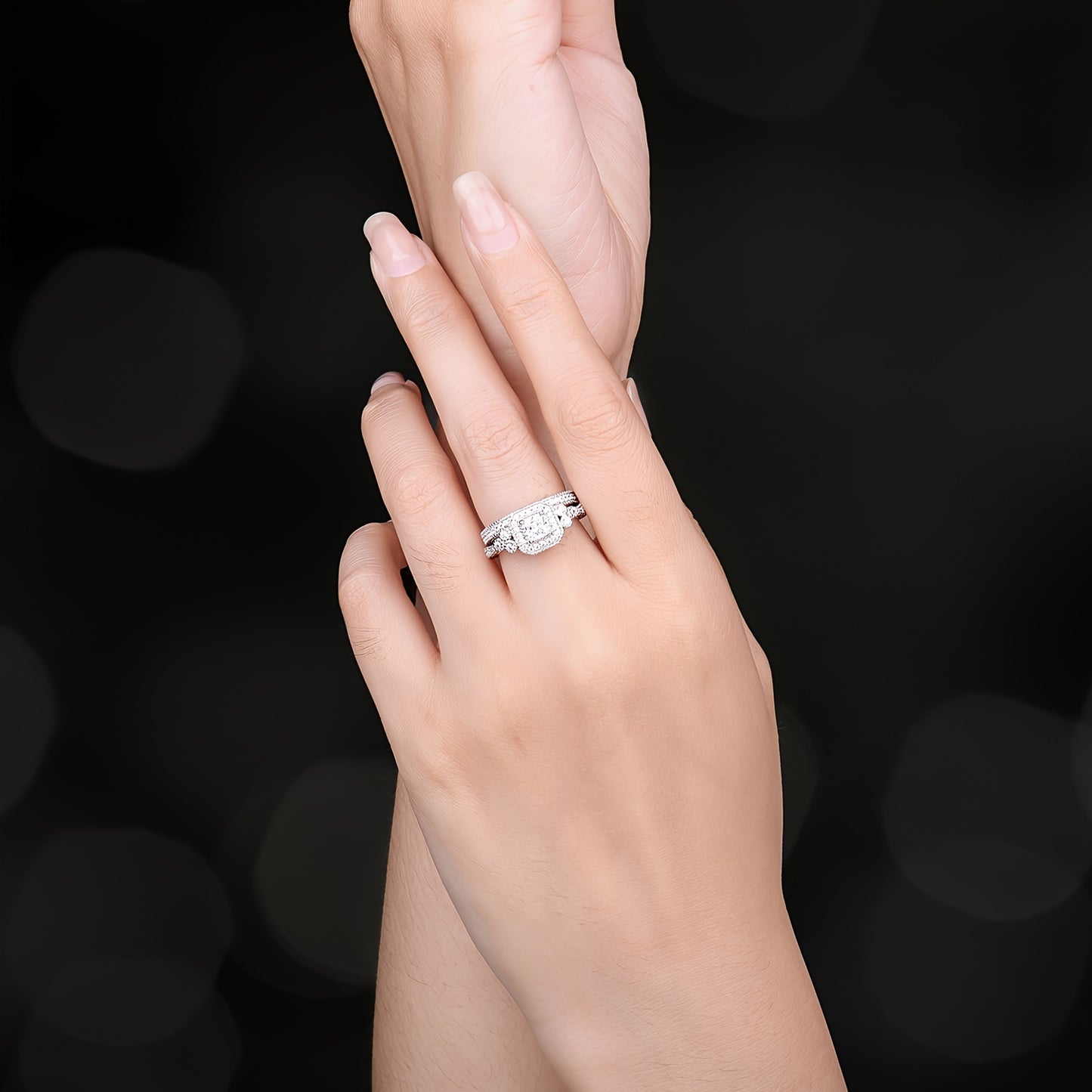 2pcs Elegant 925 Sterling Silver Princess Cut Cubic Zirconia Engagement Ring Set, Synthetic December Birthstone, White Golden Plated, Valentine's Day Gift, All-Season Wedding Band Jewelry