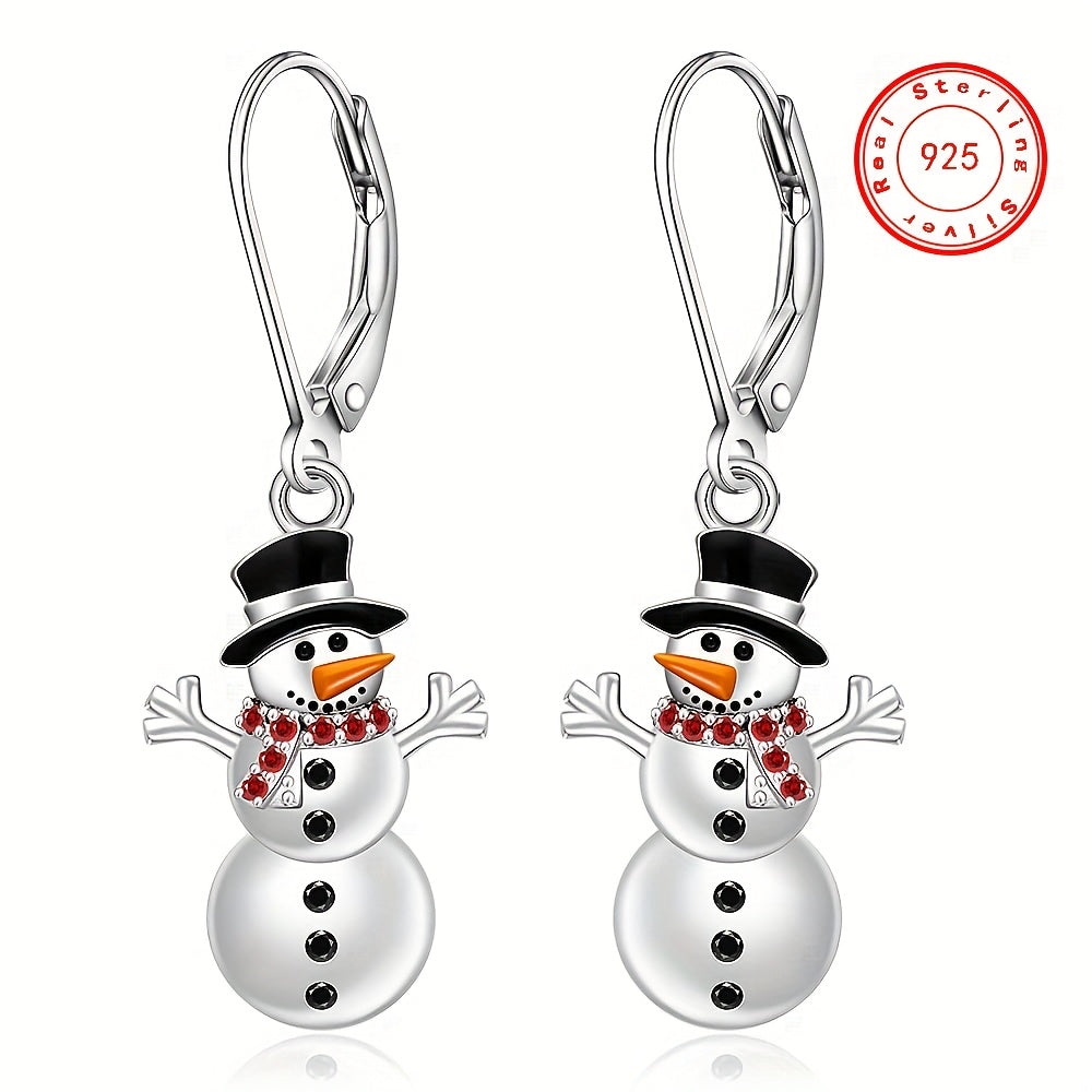 Boho Cute Christmas Snowman Pendant Necklace And Earrings, 925 Sterling Silver Plated with Synthetic 5A Zirconia, Holiday Themed Jewelry for Women, Perfect for Daily Wear And Parties, Ideal Christmas Gift